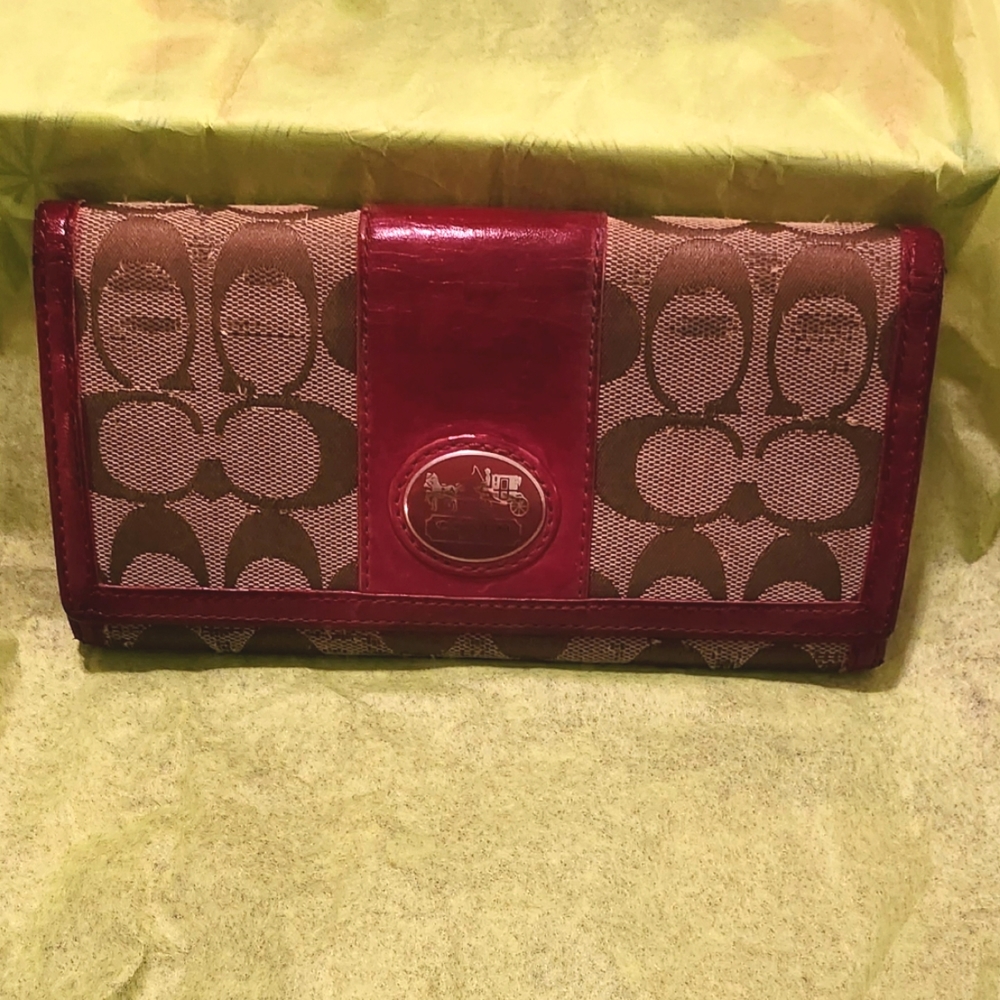 VINTAGE Coach Long Monogram & Leather Trim Flap Wallet Red 7.75 X 4
